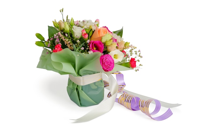 Colorful flower bouquet arrangement with ribbons