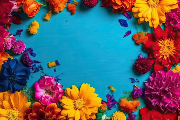 Colorful flower circle on blue background Generative AI