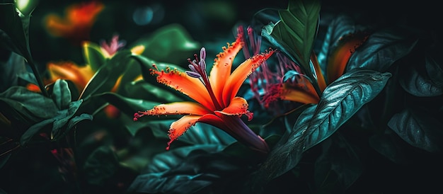 어두운 열대 잎자루 자연 배경에 다채로운 꽃