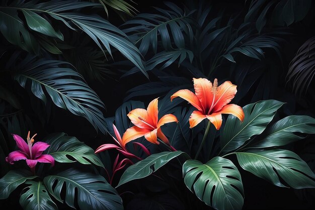 красочный цветок на темной тропической листве на фоне природы