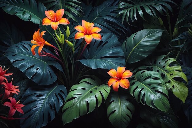 colorful flower on dark tropical foliage nature background