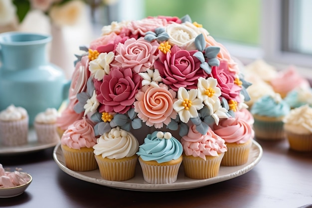 다양한 품종의 다채로운 꽃으로 장식된 컵케이크 생성 AI