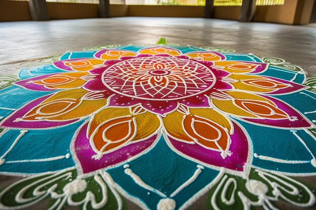 a colorful flower design on the floor of a building