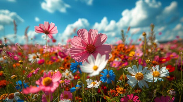 Colorful Flower Field Beneath Blue Sky