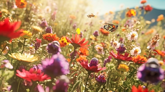 A colorful flower field with a butterfly flying past it.