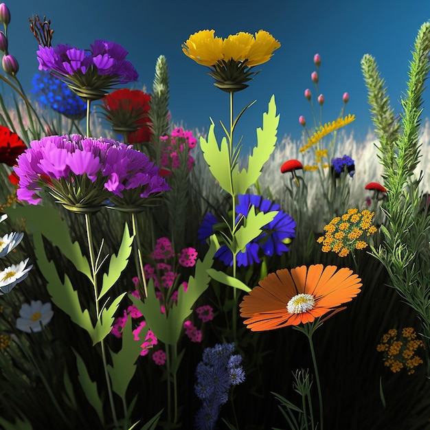 Colorful flower fields with blue sky in the background