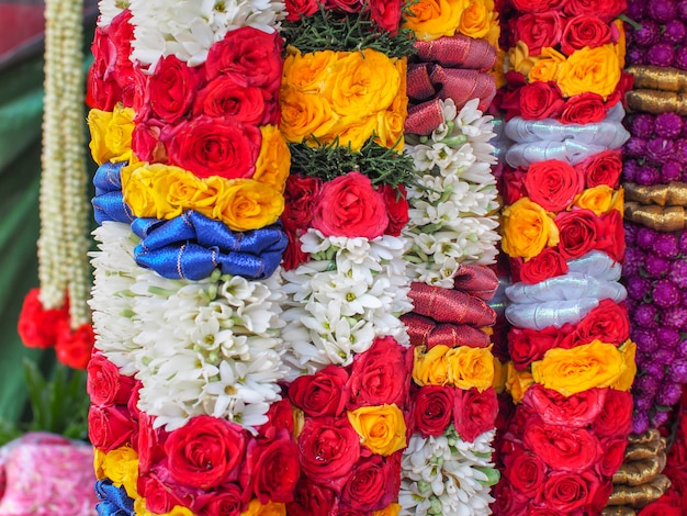 Colorful of flower garlands for Hinduism and Buddhism religious ceremony