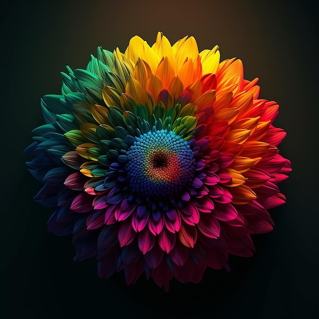 A colorful flower is displayed in a black background.