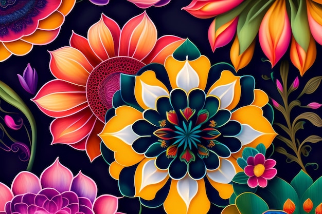 A colorful flower is drawn on a black background