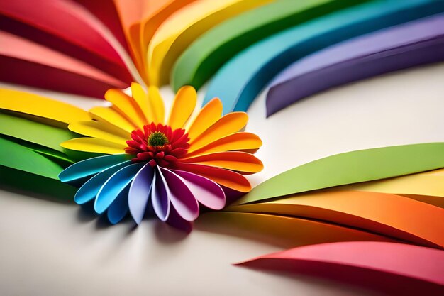 A colorful flower is laying on a table with many different colored ribbons