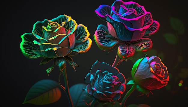 A colorful flower is lit up in neon colors.