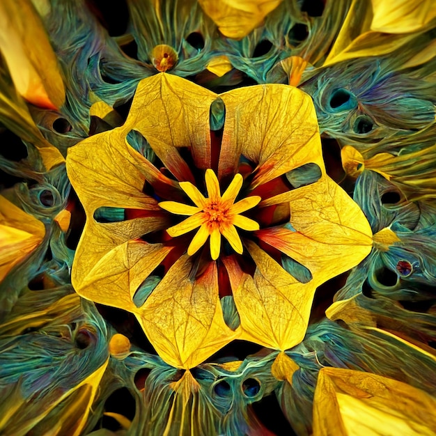 A colorful flower is shown with a yellow center.