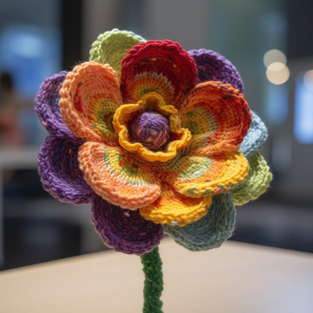 A colorful flower made by yarn and yarn.