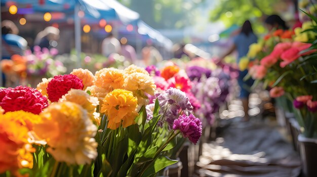 A colorful flower market with a variety of bouquets