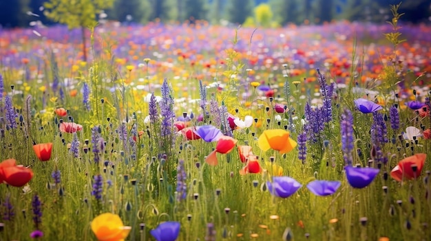 春の生成 ai でカラフルな花の草原