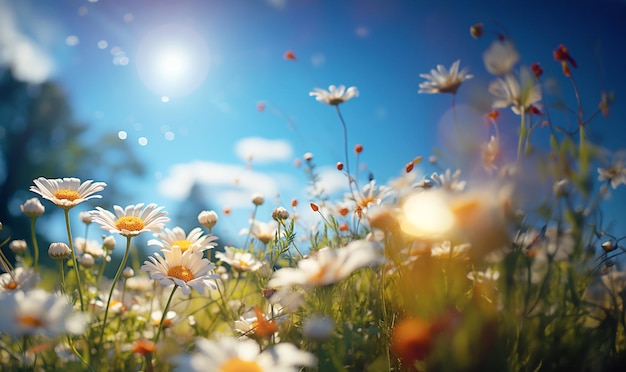 Colorful flower meadow with daisy flowers on blue sky backgroundwild flower blooming field