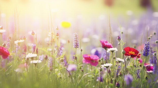 Colorful flower meadow with sunbeams and bokeh light