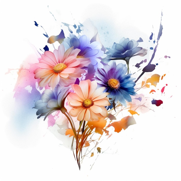 A colorful flower painting with a blue and orange background.