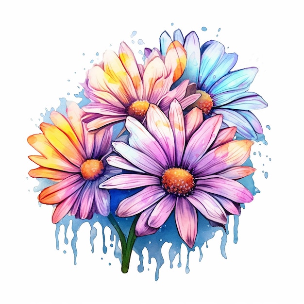 A colorful flower painting with a blue and purple flower in the center.