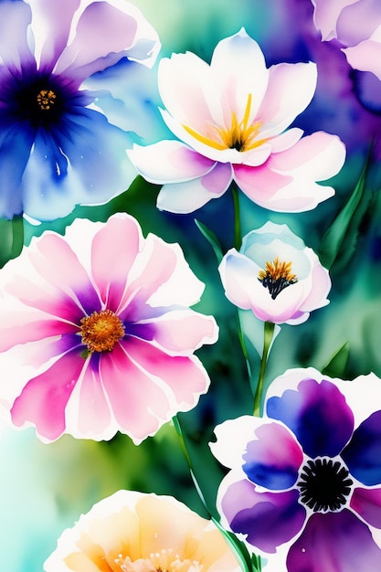 A colorful flower painting with a pink and blue background