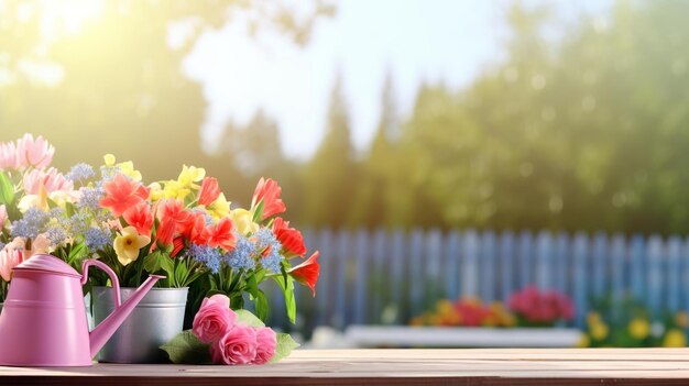 colorful flower pots with watering can and gloves
