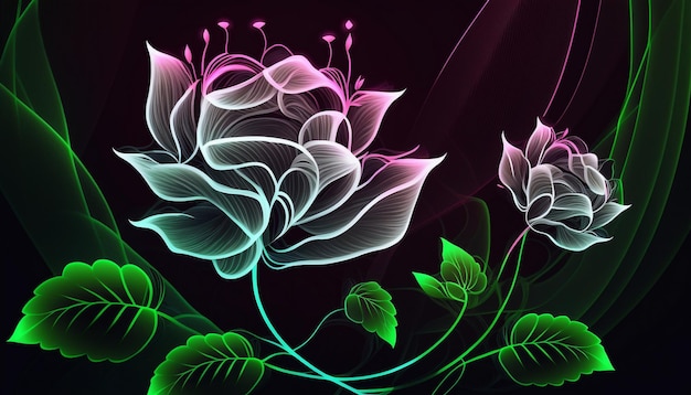 A colorful flower wallpaper with a black background and a green flower on it.