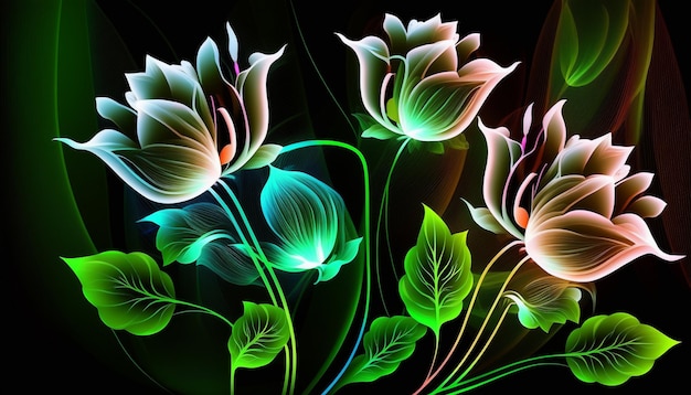 A colorful flower wallpaper with a black background and a green leaf.