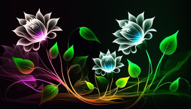 A colorful flower wallpaper with a black background and a neon flower background.