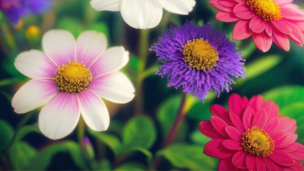 A colorful flower wallpaper with a purple and white flower