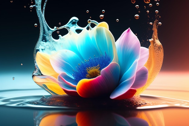 A colorful flower in water with a splash of water.