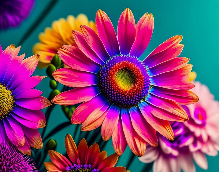 A colorful flower with a blue background