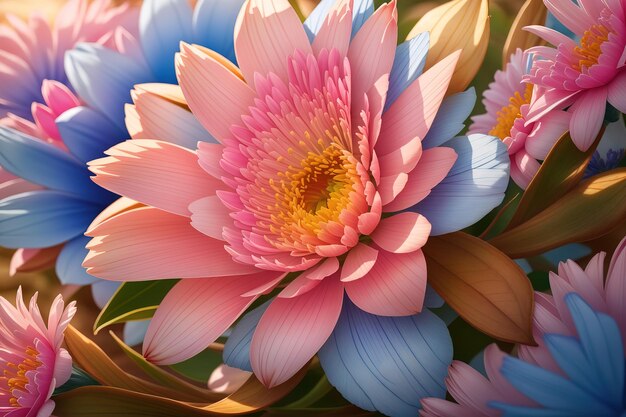 a colorful flower with a blue and pink flower on it