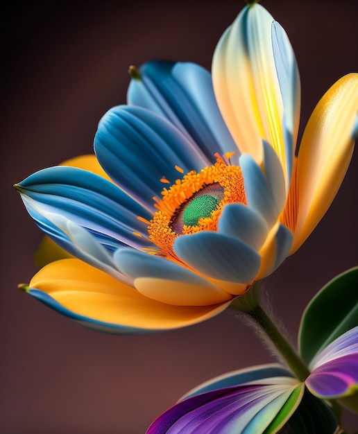 A colorful flower with a green ring on it