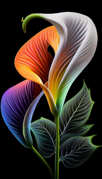 「虹」と書かれた葉が付いたカラフルな花