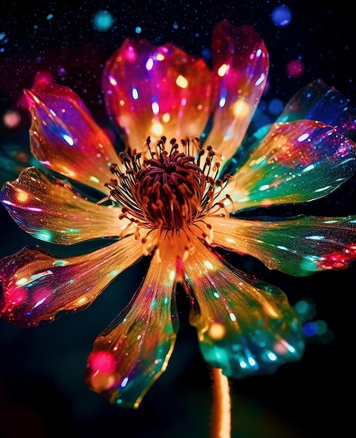 A colorful flower with lights on it