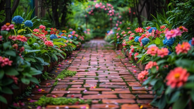 色鮮やかな花に囲まれたレンガの道