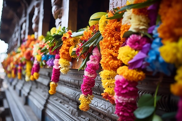 Красочные цветы украшают индуистский храм