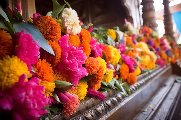 Colorful flowers adorning a hindu temple