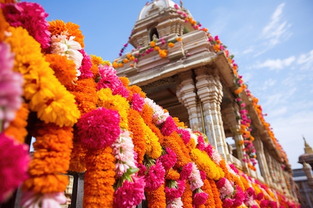 Colorful flowers adorning a hindu temple