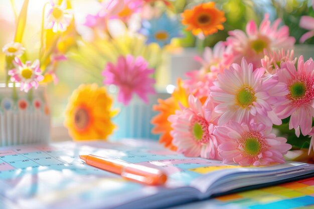 写真 色とりどりの花とカレンダー