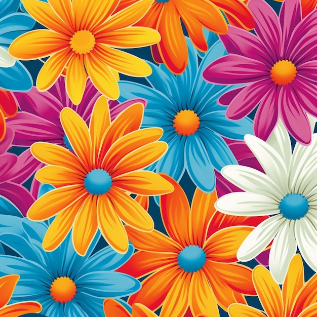 colorful flowers are arranged in a pattern on a blue background generative ai