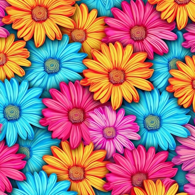 다채로운 꽃은 파란색 표면에 패턴으로 배열되어 있습니다.