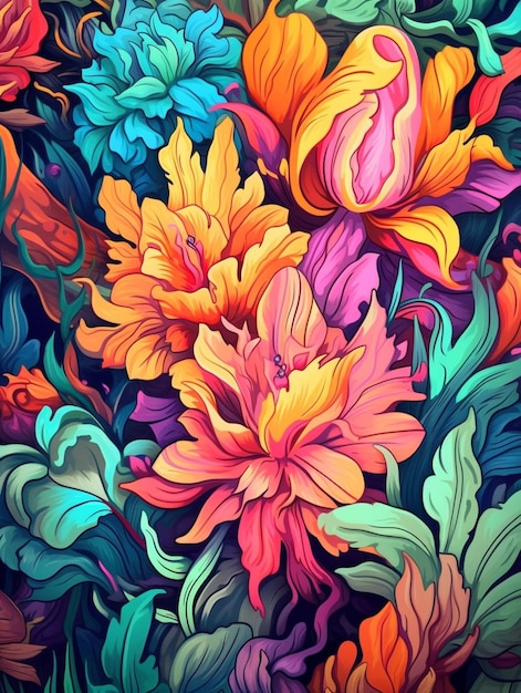 다채로운 꽃은 검정색 배경 생성 ai에 패턴으로 칠해져 있습니다.