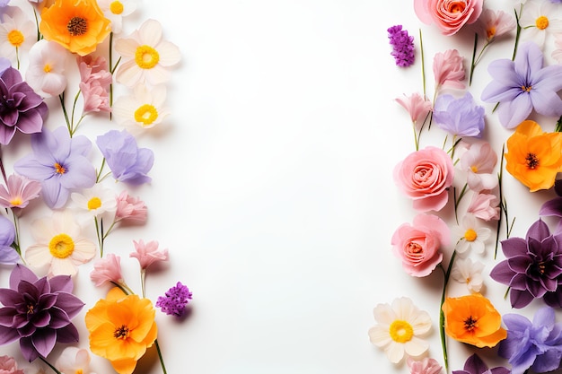 Colorful flowers arranged around a white surface