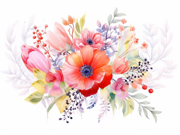 Colorful flowers arrangement illustration in style of watercolor on white background