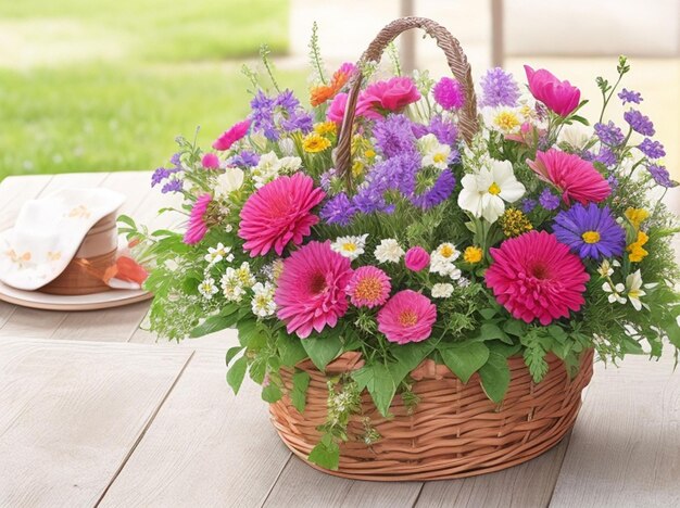colorful flowers basket and flower photo frame