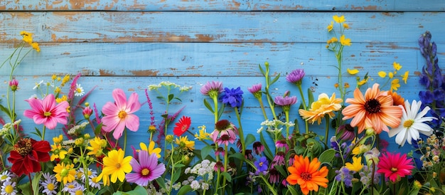 Photo colorful flowers on a blue wooden background generative ai