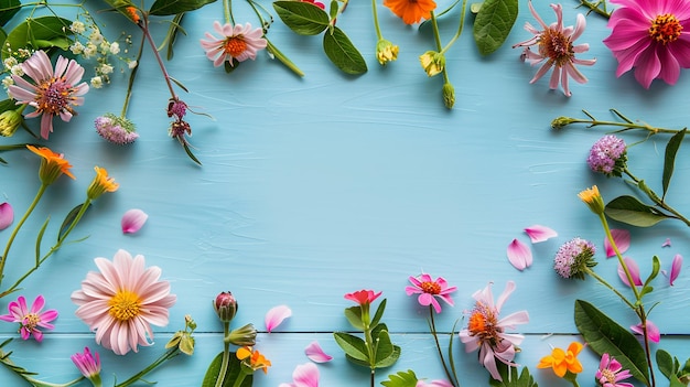 Colorful flowers on blue wooden background Top view with copy space for text