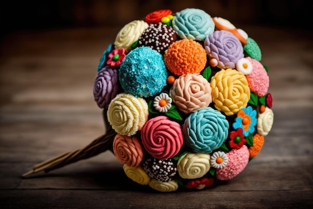 Colorful flowers bouquet like as candies for wedding greetings and congratulations