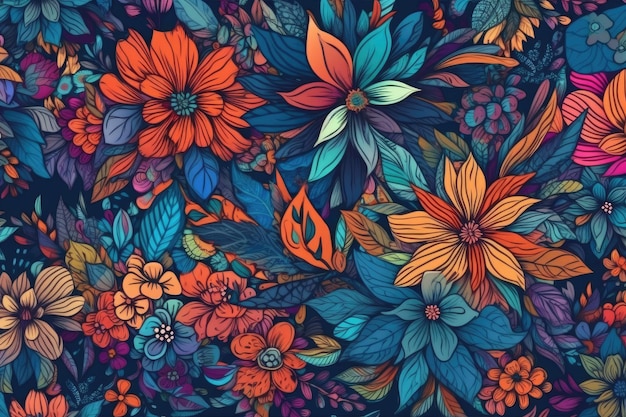 Colorful flowers on a bright blue background Generative AI